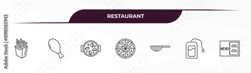 fully editable outline icon collection from restaurant concept. thin line icons set such as french fries box, chicken thigh, paella with parwns, infusion bag, open menu,