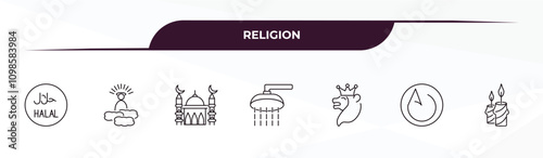 fully editable outline icon collection from religion concept. thin line icons set such as islamic halal, god, small mosque, asceticism, candles,