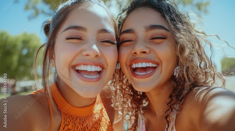 Fototapeta premium Two girls laughing and smiling as they take a selfie together