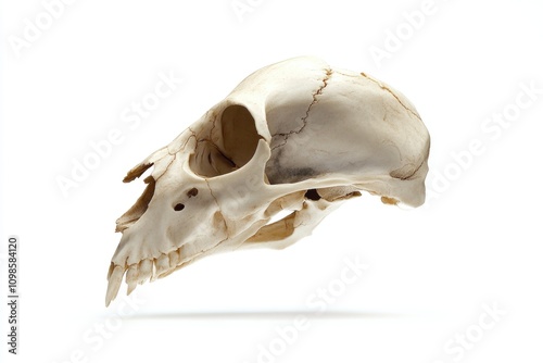 A close-up shot of a skull on a white background, perfect for use in various themes and designs photo