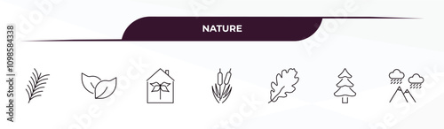 fully editable outline icon collection from nature concept. thin line icons set such as yew leaf, bilberry leaf, indoor, spruce, rainy landscape,