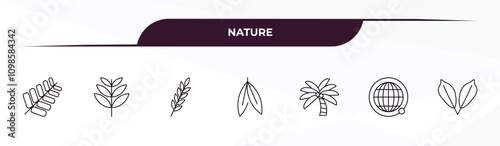 fully editable outline icon collection from nature concept. thin line icons set such as gooseberry leaf, rowan leaf, grains, planet with satellite, cherry leaf,