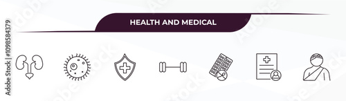 fully editable outline icon collection from health and medical concept. thin line icons set such as urology, microbe, medical shield, medical result, injury,