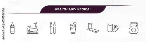 fully editable outline icon collection from health and medical concept. thin line icons set such as punching bag, stationary bike, ampoule, blood pressure gauge, kettlebell,