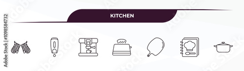 fully editable outline icon collection from kitchen concept. thin line icons set such as kitchen mitten, soap dispenser, coffee hine, recipe, pot,