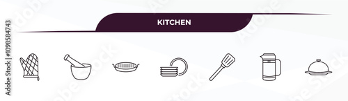 fully editable outline icon collection from kitchen concept. thin line icons set such as mitten, mortar, sugar sifter, coffee pot, platter,