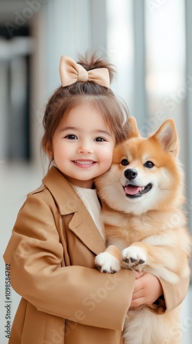 A delighted child dressed in brown cuddles a happy Shiba Inu dog indoors, illustrating a tender moment of joy and companionship in a well-lit environment. photo