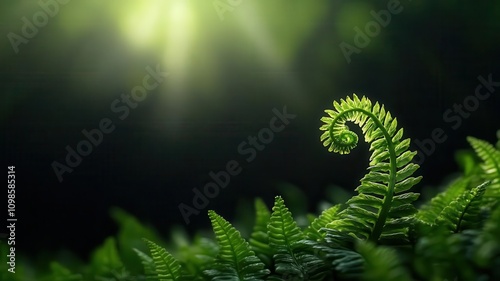 Spiraling fiddlehead fern in golden ratio perfection, illuminated by natural sunlight