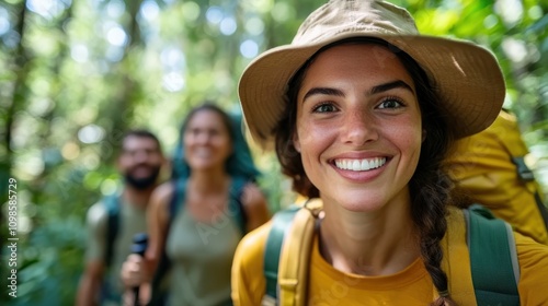 A cheerful woman hiker, donning a hat, leads a group through a sunlit forest, symbolizing harmony and enjoyment during an idyllic outdoor getaway. photo