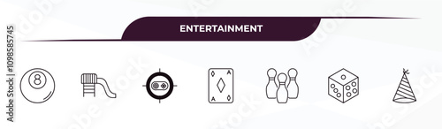 fully editable outline icon collection from entertainment concept. thin line icons set such as eight ball, toboggan, shooting game, dice, party hat,