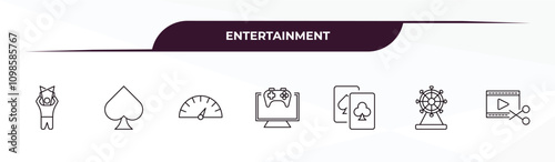 fully editable outline icon collection from entertainment concept. thin line icons set such as puppet show, ace of spades, speedometer, ferris wheel, video editing,