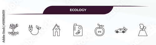 fully editable outline icon collection from ecology concept. thin line icons set such as tree and roots, eco plug, green house, eco energy car, geyser,