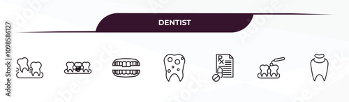 fully editable outline icon collection from dentist concept. thin line icons set such as tooth extraction, dental prosthesis, denture, interproximal, tooth filling,