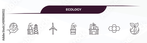 fully editable outline icon collection from ecology concept. thin line icons set such as save the earth, power plant, eco turbine, eco power cells, ecology,