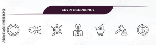 fully editable outline icon collection from cryptocurrency concept. thin line icons set such as cryptocurrency, crypto key, decentralized, auction hammer, money flow,