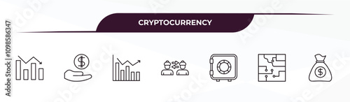fully editable outline icon collection from cryptocurrency concept. thin line icons set such as loss, income, profit, circuit, money bag,