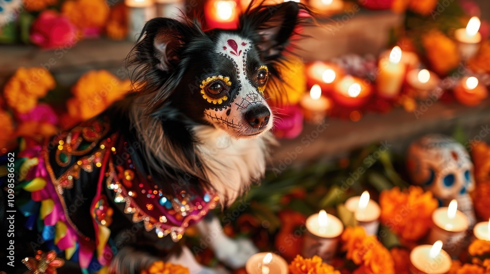 Obraz premium A dog dressed as a skeleton or zombie for a Halloween party or celebration
