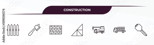 fully editable outline icon collection from construction concept. thin line icons set such as garden fence, inclined ax, brickwall, truck with load, home key,