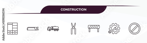 fully editable outline icon collection from construction concept. thin line icons set such as big clo, hacksaw, tank truck, wrench and gear, stopping,