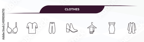 fully editable outline icon collection from clothes concept. thin line icons set such as bra, collarless cotton shirt, harem pants, off the shoulder dress, cardigan,