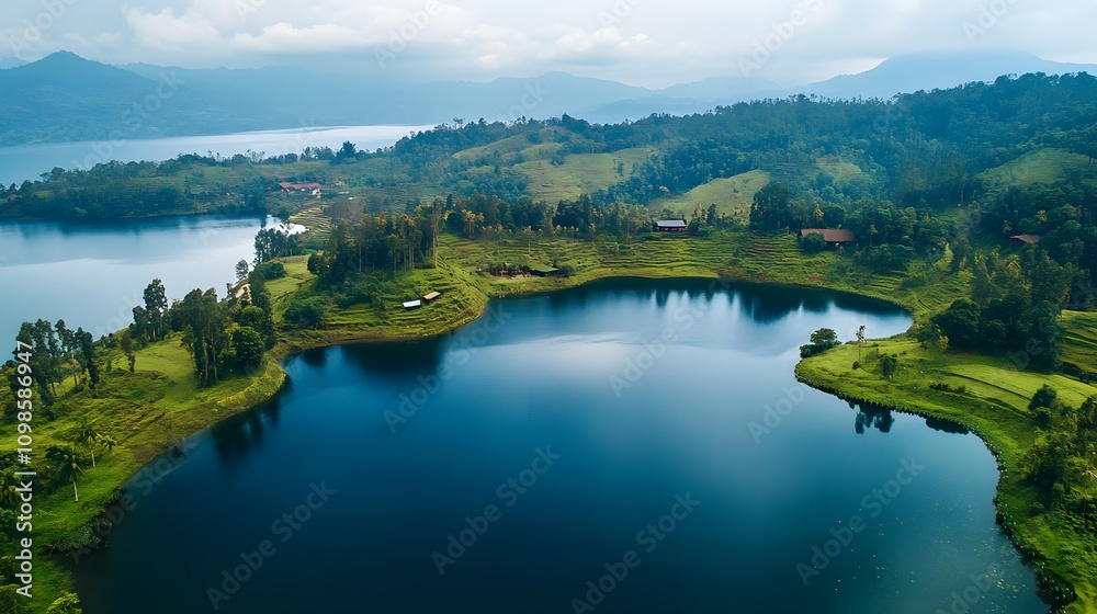 Naklejka premium Aerial view of serene lake nestled in lush green hills.
