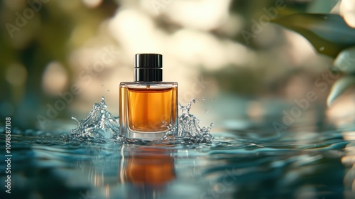 A perfume bottle in a picturesque setting with water splashing around, capturing the essence of elegance and freshness under the warm sunlight.