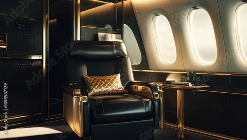 Luxury Private Jet Interior: Opulent Black and Gold Cabin
