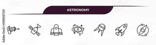 fully editable outline icon collection from astronomy concept. thin line icons set such as laser gun, inclined satellite, space shuttle, rocket flying, supernova,