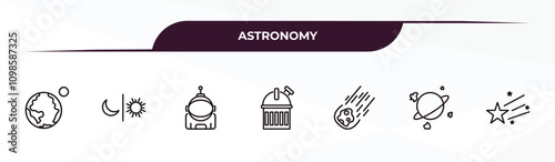 fully editable outline icon collection from astronomy concept. thin line icons set such as earth and moon, day and night, astronaut ingravity, space junk, falling star,