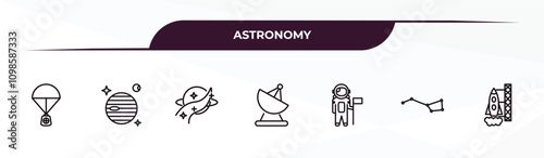 fully editable outline icon collection from astronomy concept. thin line icons set such as capsule parachute, venus with satellite, , big dipper, spaceport,