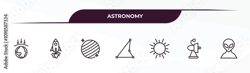 fully editable outline icon collection from astronomy concept. thin line icons set such as aerosphere, rocket ship, uranus with satellite, voyager, alien,
