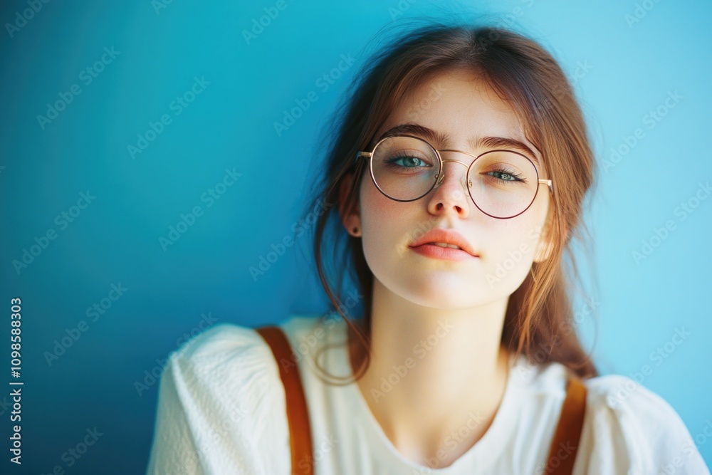 Fototapeta premium A woman wearing glasses and a white shirt, suitable for office or everyday use