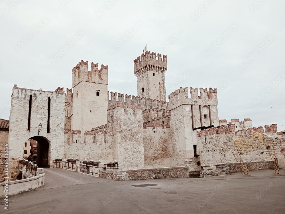 ancient medieval castle walls in Sirmione on Lake Garda in Brescia, northern Italy