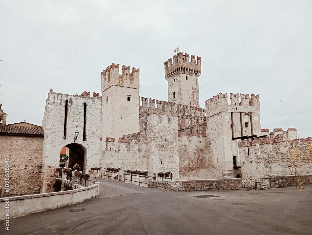 ancient medieval castle walls in Sirmione on Lake Garda in Brescia, northern Italy