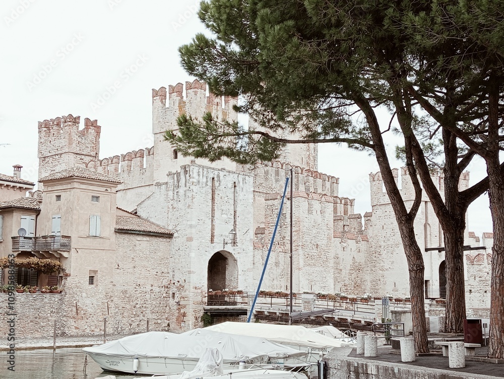 ancient medieval castle walls in Sirmione on Lake Garda in Brescia, northern Italy