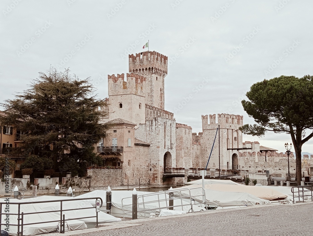 ancient medieval castle walls in Sirmione on Lake Garda in Brescia, northern Italy