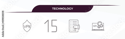 fully editable outline icon collection from technology concept. thin line icons set such as vpn, digital number 15, content marketing, back end,