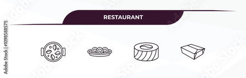 fully editable outline icon collection from restaurant concept. thin line icons set such as paella with parwns, plate of spaghetti, sushi piece, food box,
