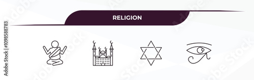 fully editable outline icon collection from religion concept. thin line icons set such as buddhist monk, islamic mosque, hebrew, eye of ra,