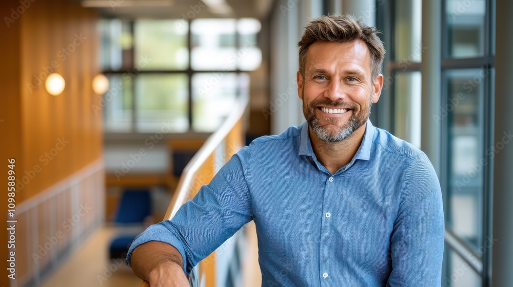 Obraz premium A casually dressed man with a friendly smile sits in a bright modern office, embodying approachability and comfort, surrounded by a clean, open space.