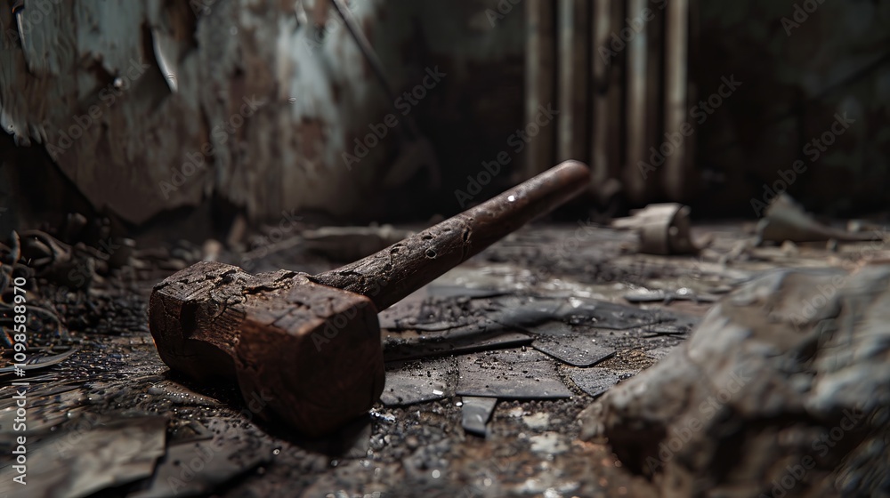 Fototapeta premium A weathered hammer lies forgotten on the floor of an abandoned building.