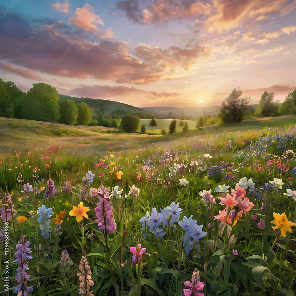 Fototapeta premium Enchanting Spring Meadow with Wildflowers and Soft Pastel Sky Above