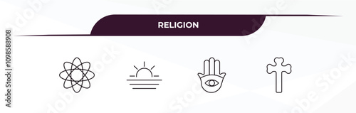 fully editable outline icon collection from religion concept. thin line icons set such as agticism, ramadan sunrise, hamsa, christian,
