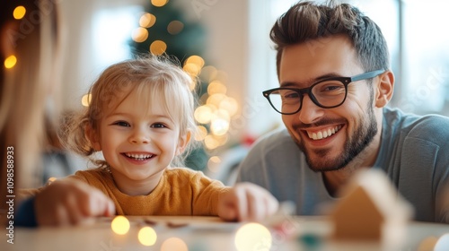 A loving father sits with his delighted daughter as they engage in holiday arts and crafts, surrounded by the warm glow of seasonal lights, creating timeless memories. photo