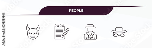 fully editable outline icon collection from people concept. thin line icons set such as devil mask, pencil and notebook, spanish man, zorro,
