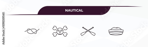 fully editable outline icon collection from nautical concept. thin line icons set such as compass, ship engine propeller, nautical monocular, sailor cap,