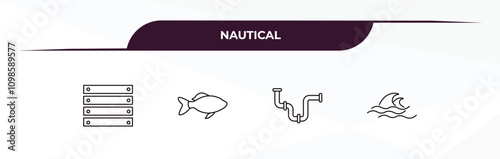 fully editable outline icon collection from nautical concept. thin line icons set such as big crate, shark, shirt, oars,