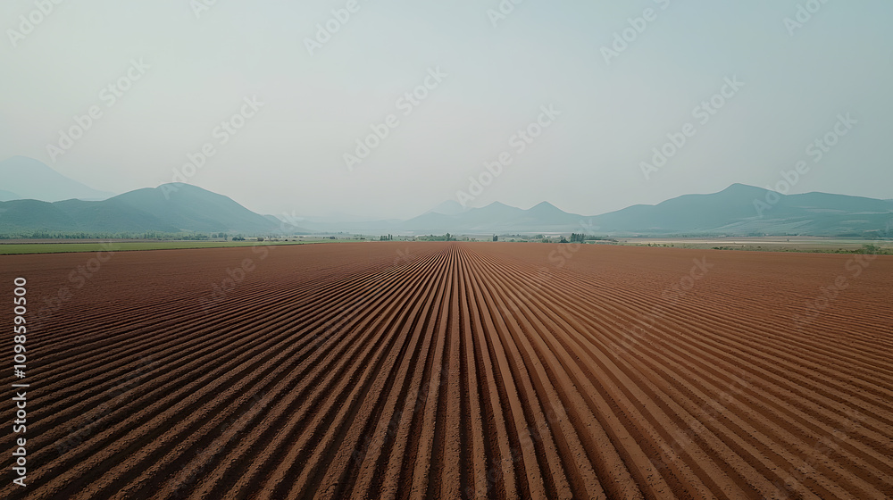 Obraz premium Sprawling Plowed Field at Sunrise | Vast Agricultural Farmland Landscape | Rows of Freshly Tilled Soil Ready for Planting | Rural Countryside Scenery