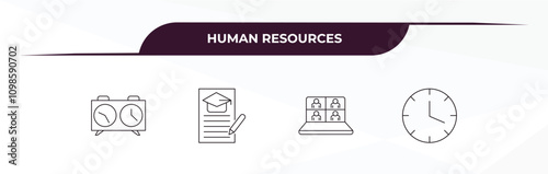 fully editable outline icon collection from human resources concept. thin line icons set such as chess clock, curriculum, video conference, timing,