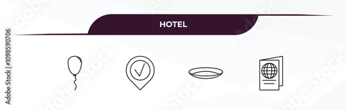 fully editable outline icon collection from hotel concept. thin line icons set such as balloon, check in, dish, passport,